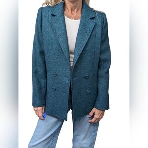 Vintage Electre France 100% Wool Tailored Blazer Teal Blue